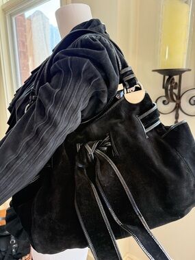 Kooba Black Suede Hobo Bag with Ribbon Detail